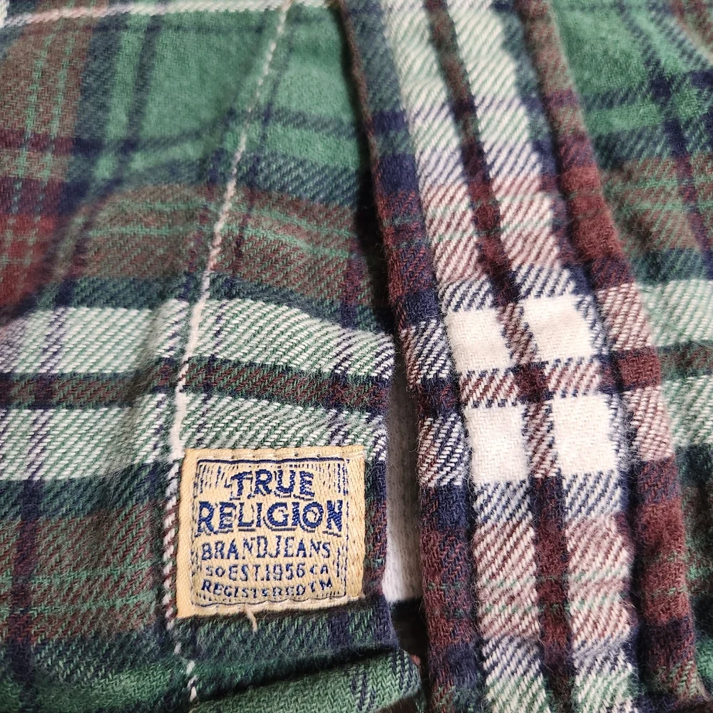 True Religion Green Shirt Size M Plaid Thermal Lined Workwear Flap Pockets Thick